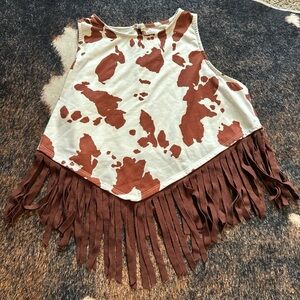 Fringe Hem Sleeveless Tank Top - Brown and Cream